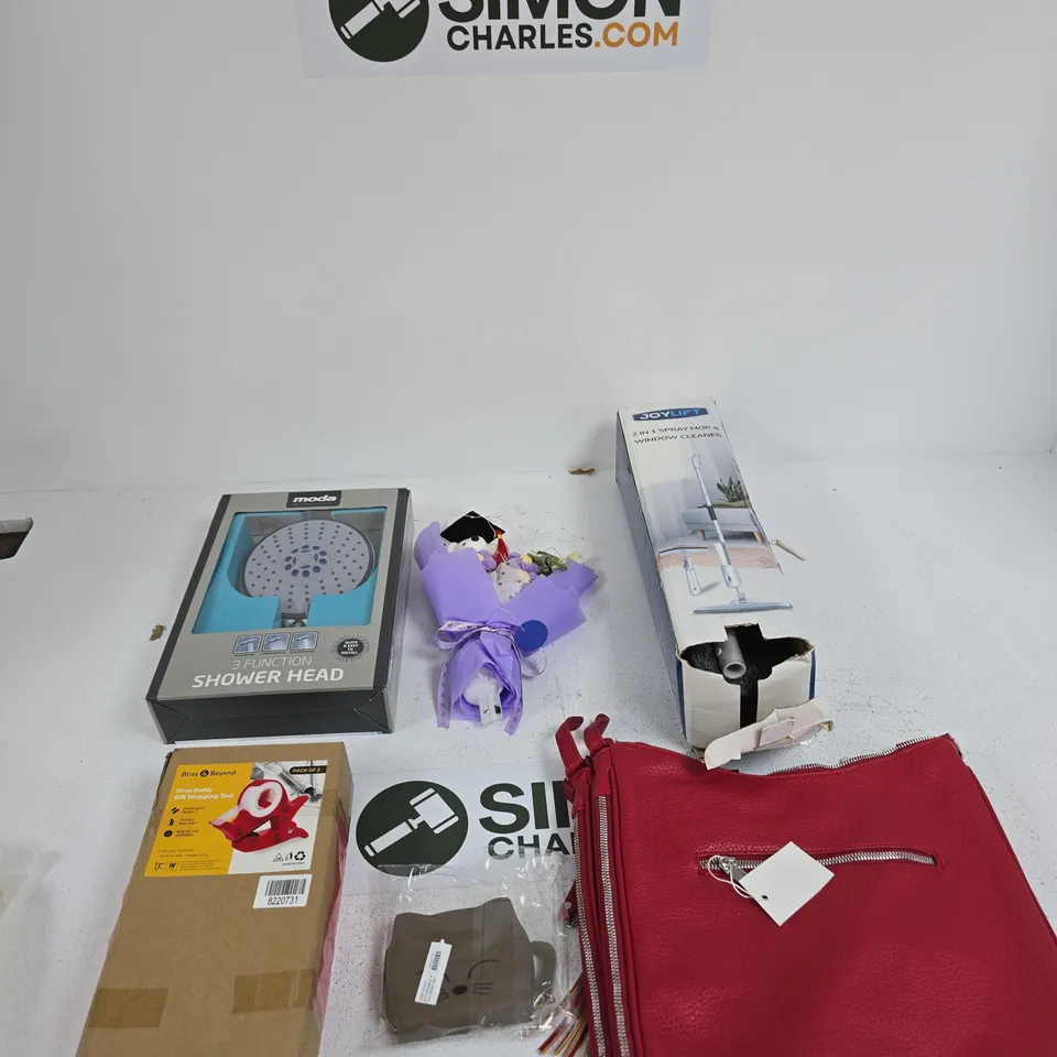 BOX OF APPROXIMATELY 10 ASSORTED ITEMS INCLUDING LIVMORE HOMEMADE KNITTED FLOWERS BOUQUET, MODA 3 FUNCTION SHOWER HEAD AND A RED LEATHER BAG