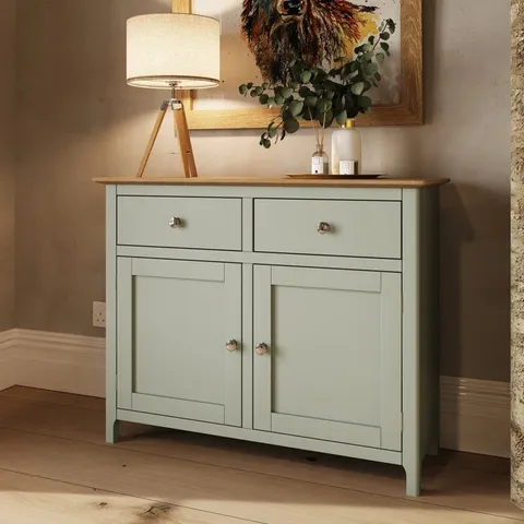 BOXED CASIANO SOLID OAK 2 DOOR 2 DRAWER SIDEBOARD SAGE GREEN (1 BOX)