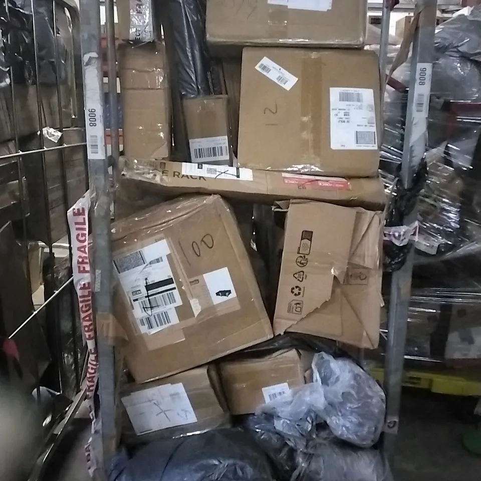 CAGE OF ASSORTED HOUSEHOLD GOODS TO INCLUDE TRASH CAN, SHOPPING TROLLEY AND TOILET SHELF