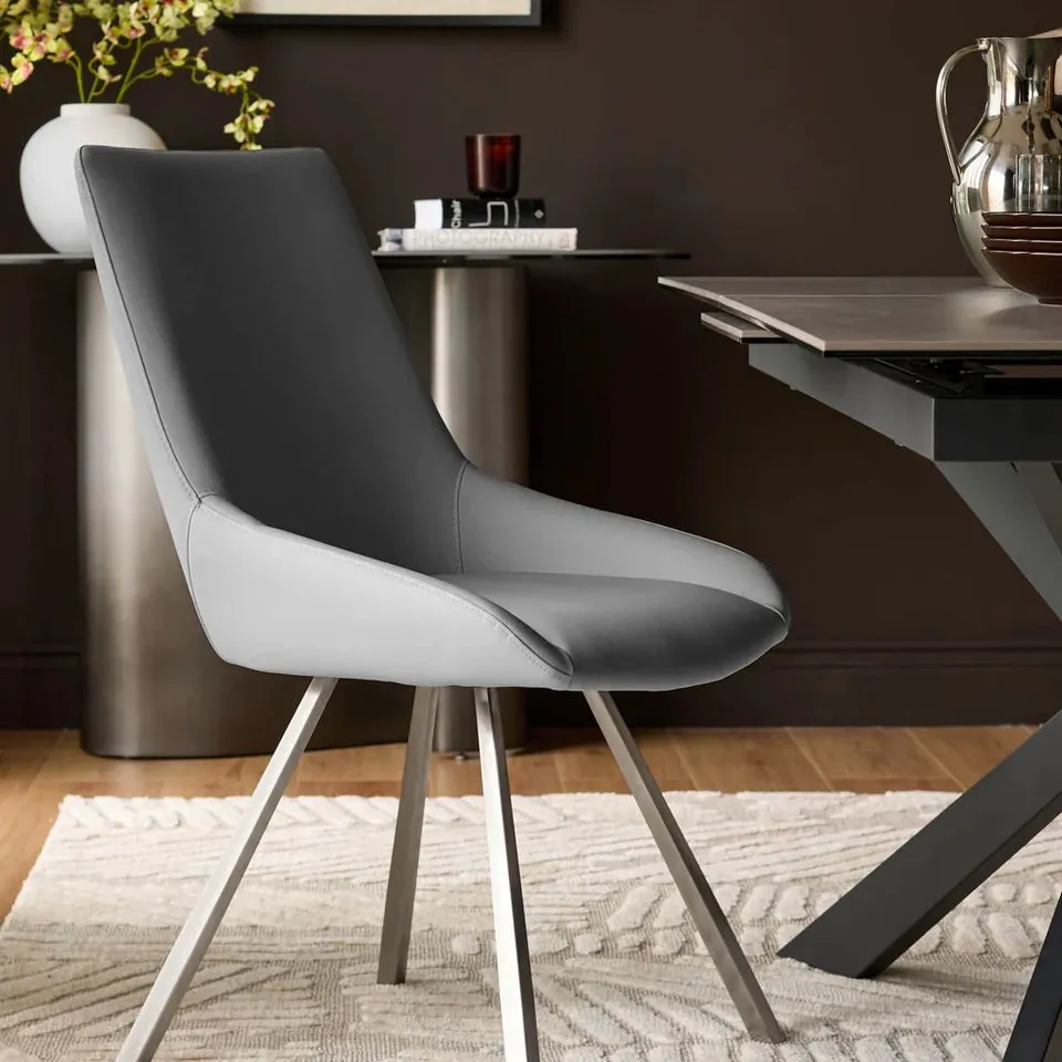 BOXED PAIR OF DANETTI THEO STAINLESS STEEL DINING CHAIRS - DUROSOFT FAUX LEATHER 