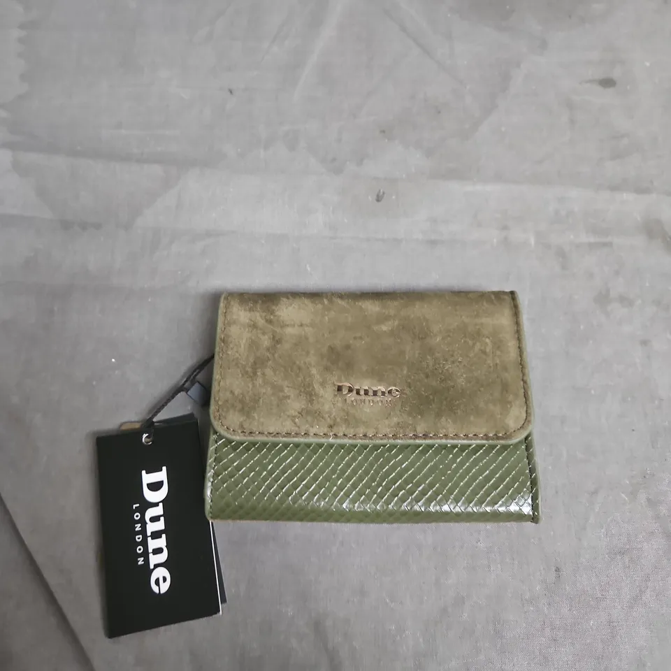 DUNE LONDON TWO-TONE WALLET – TAN SUEDE FLAP WITH GREEN TEXTURED BODY