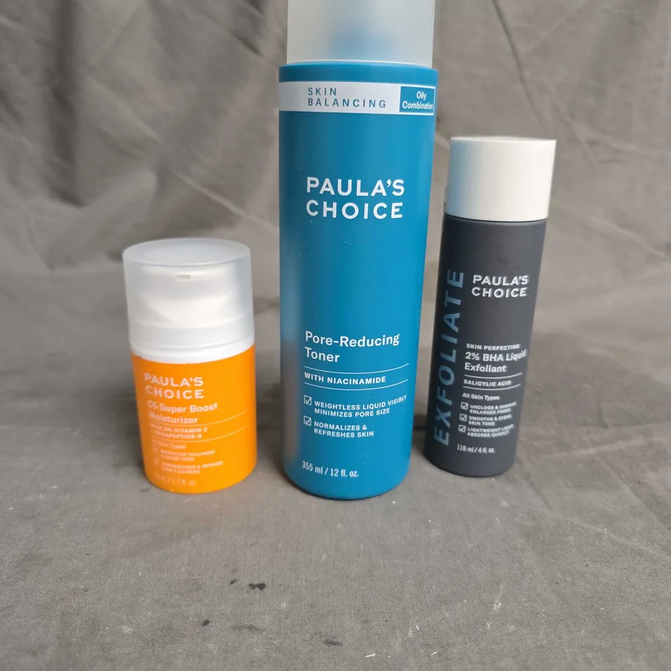 PAULA'S CHOICE LOT OF 3 ASSORTED SKINCARE PRODUCTS TO INCLUDE - C5 SUPER BOOST MOISTURISER - PORE-REDUCING TONER - 2% BHA LIQUID EXFOLIANT