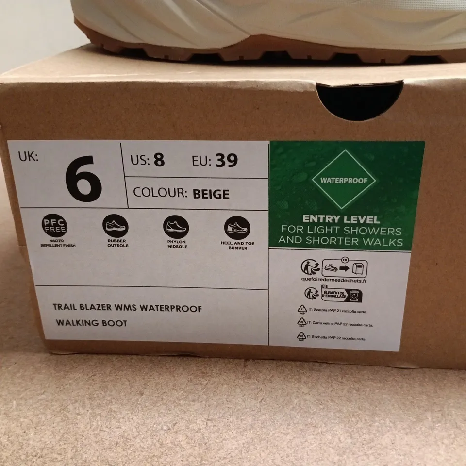 BOXED PAIR OF MOUNTAIN WAREHOUSE TRAIL BLAZER WMS WATERPROOF WALKING BOOT – BEIGE, UK6 (US8, EU39)