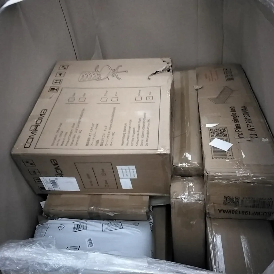 PALLET OF ASSORTED ITEMS INCLUDING EASY LIFE HEATED AIRER WITH TIMER AND WHEELS, NORTHEN STONE BASKETBALL BACKBOARD, HOMIDEC, LUXURIOUS COTTON MATTRESS TOPPER, COMHOMA OFFICE CHAIR, PINE SINGLE BED