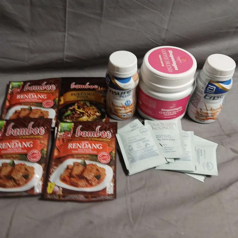 APPROXIMATELY 10 ASSORTED FOOD ITEMS TO INCLUDE - ENSURE PLUS, SPICE MIXES AND COFFEE BLEND