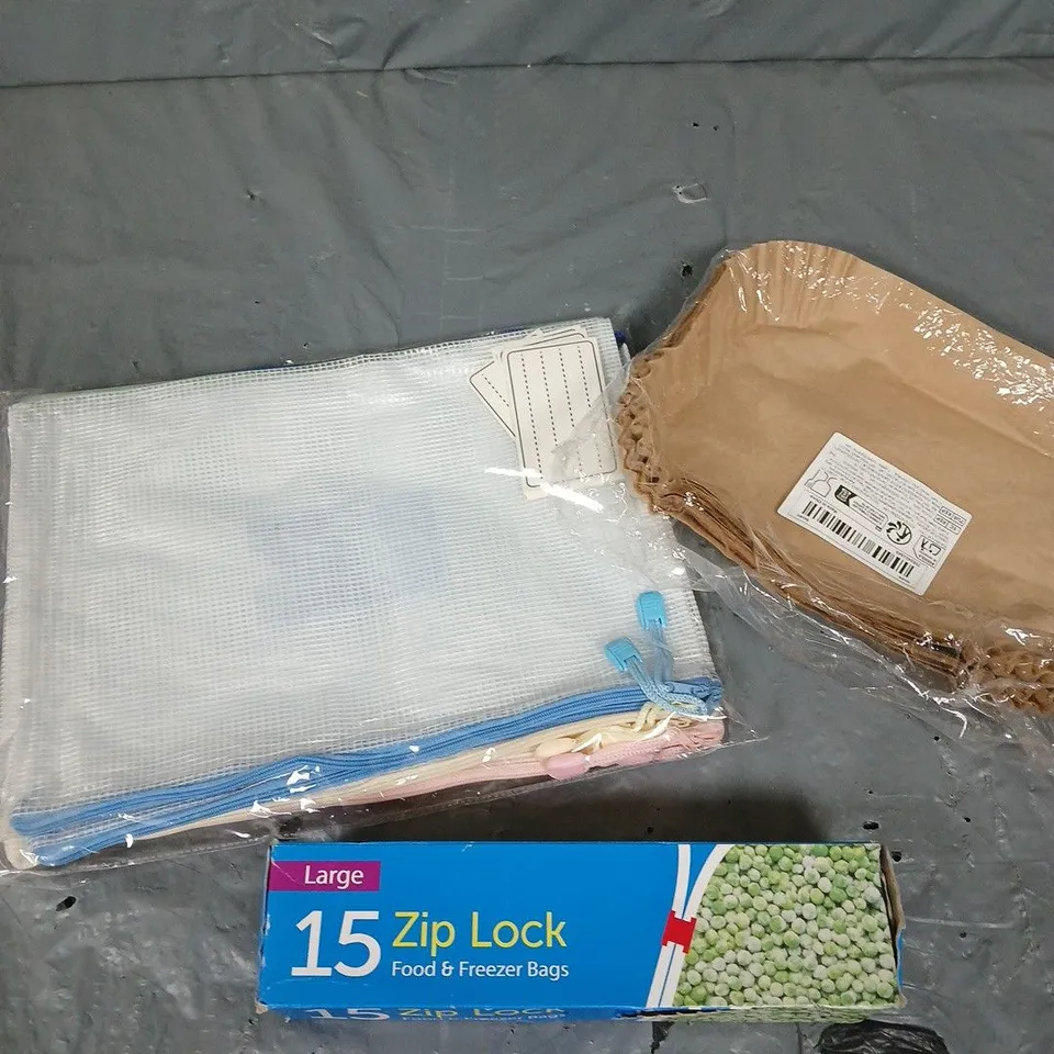 APPROXIMATELY 10 HOUSEHOLD ITEMS TO INCLUDE FOOD BAGS, FOOD TRAYS, ZIP BAGS