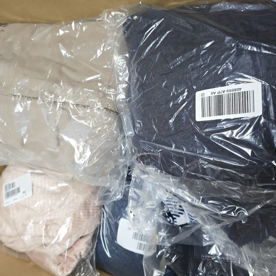 BOX OF APROX 8 ASSORTED CLOTHING AND HOUSEHOLD ITEMS IN VARIOUS STYLES. SIZES, AND COLOURS - COLLECTION ONLY