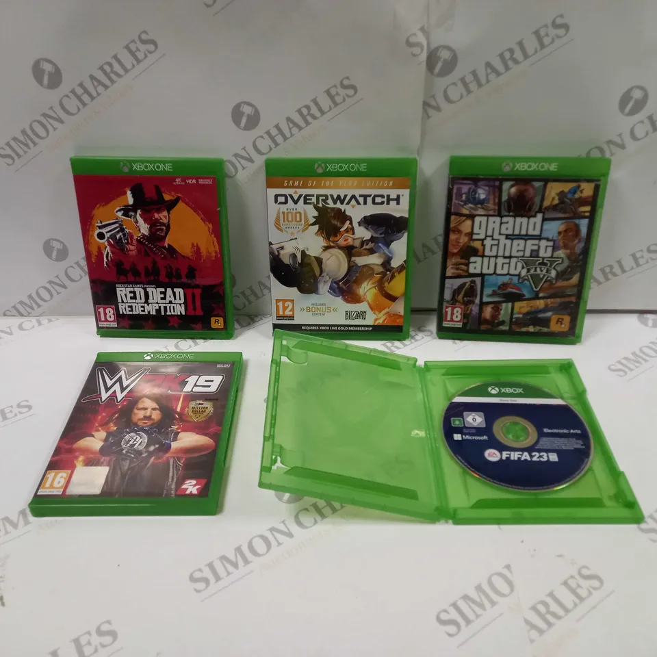 5 X ASSORTED VIDEO GAMES FOR THE XBOX ONE. INCLUDES RED DEAD REDEMPTION 2, GRAND THEFT AUTO FIVE, W2K19 ETC 