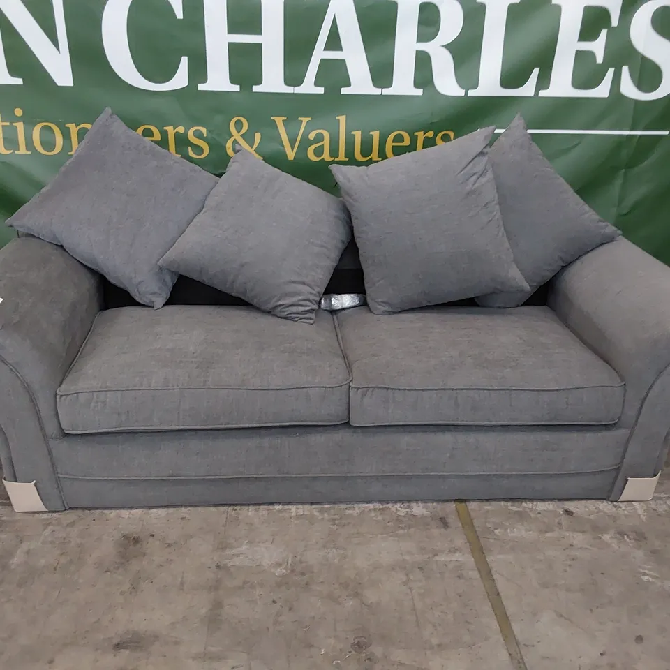 DESIGNER THREE SEATER SOFA WITH SCATTER CUSHIONS GREY FABRIC 