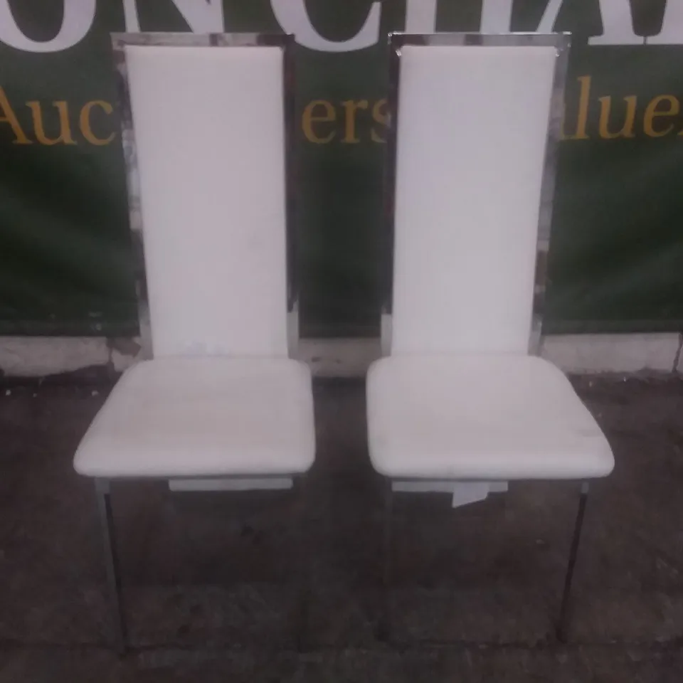 SET OF 2 CELESTE WHITE LEATHER AND CHROME DINING CHAIRS