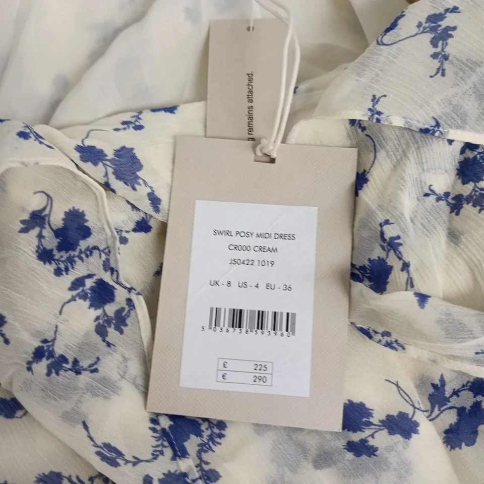 JIGSAW SWIRL POSY MIDI DRESS – UK 8, CREAM WITH BLUE FLORAL PRINT