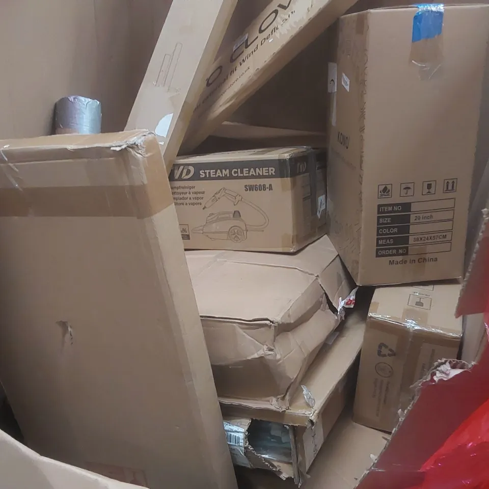 PALLET CONTAINING A LARGE QUANTITY OF ASSORTED ITEMS INCLUDING: FLOATING SHELF, STEAM CLEANER, EXTERNAL FIT WIND DEFLECTOR ECT