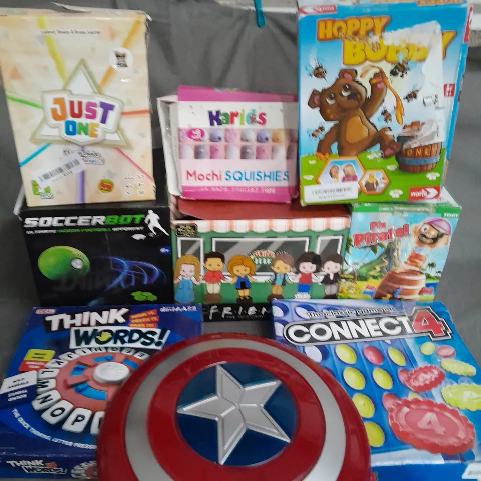 APPROXIMATELY 15 ASSORTED TOYS TO INCLUDE CAPTAIN AMERICA 12-INCH SHIELD, SOCCERBOT, PIC PIRATE, CONNECT 4, FARTY FREDDIE 