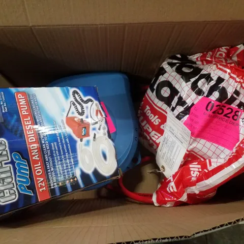 BOX CONTAINING ASSORTED PRODUCTS INCLUDING 12V OIL AND DIESEL PUMP, 12V SUBMERSIBLE TRANSFER PUMP & 9M RETRACTABLE AIR HOSE REEL