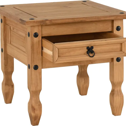 BOXED SECONIQUE CORONA 1 DRAWER LAMP TABLE IN DISTRESSED WAXED PINE (1 BOX)