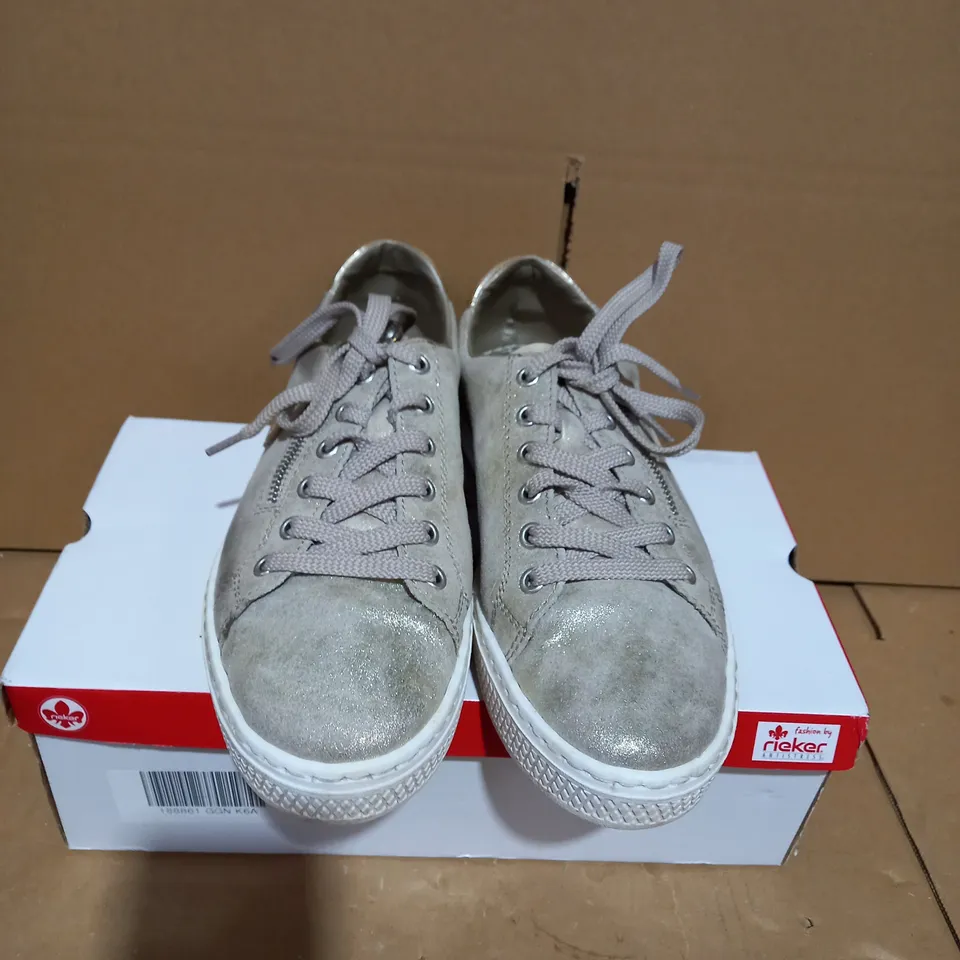 BOXED PAIR OF RIEKER GOLD METALLIC TRAINERS - SIZE 6.5
