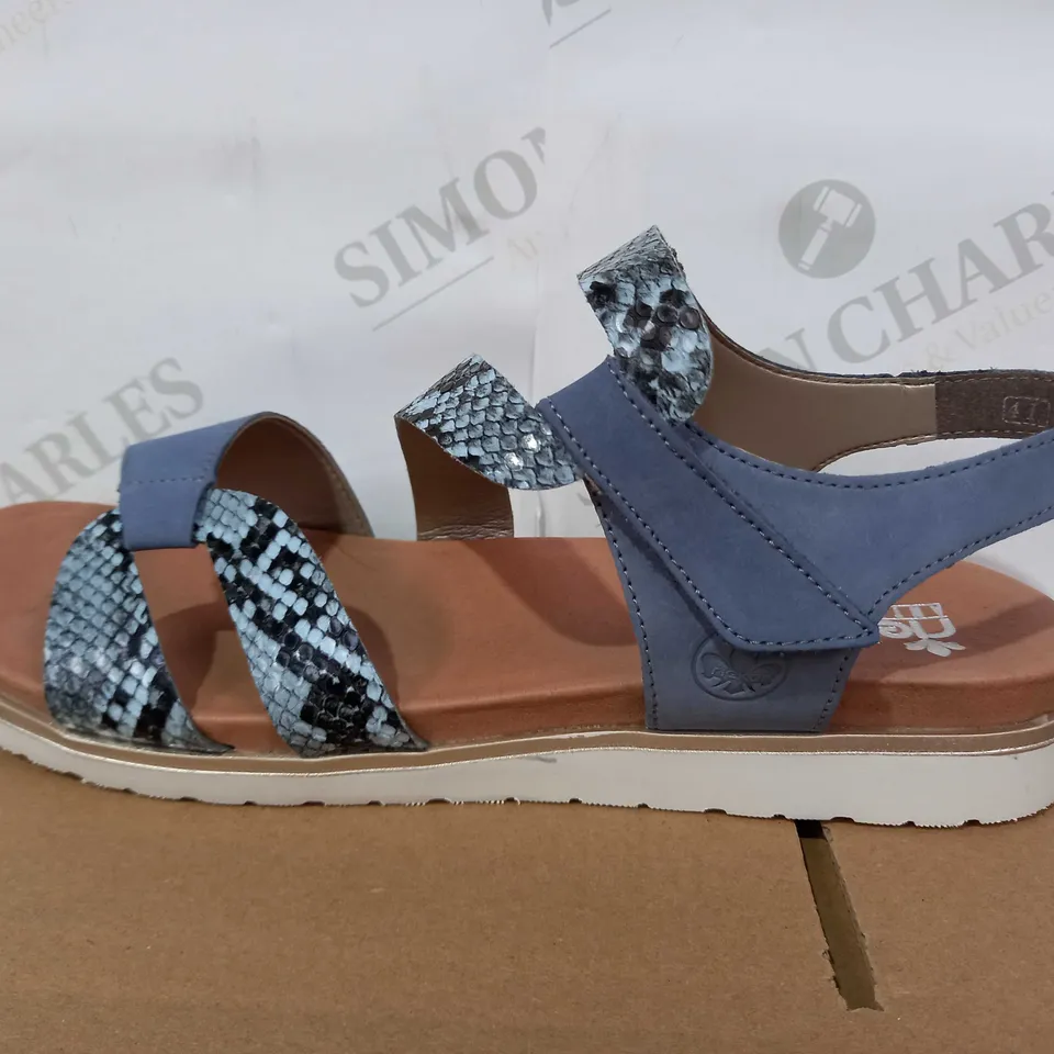 RIEKER ANTISTRESS PAIR OF SANDALS (LEATHER, BLUE/SNAKE PATTERN), SIZE 7.5 UK