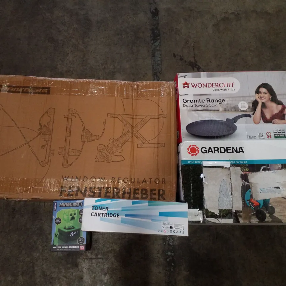 PALLET OF ASSORTED PRODUCTS INCLUDING WINDOW REGULATOR, TONER CARTRIDGE, MINECRAFT ALARMCLOCK, HOSE TROLLEY, GRANITE DOSA TEA 30CM 