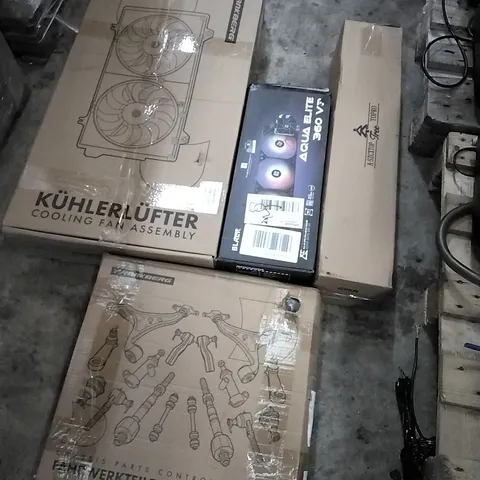 PALLET OF HOUSEHOLD ITEMS TO INCLUDE COOLING FAN,CHASSIS PARTS CONTROL ARM KITS,AQUA ELITE 360 V3,CHRISTMAS TREE AND OTHER ASSORTED ITEMS...