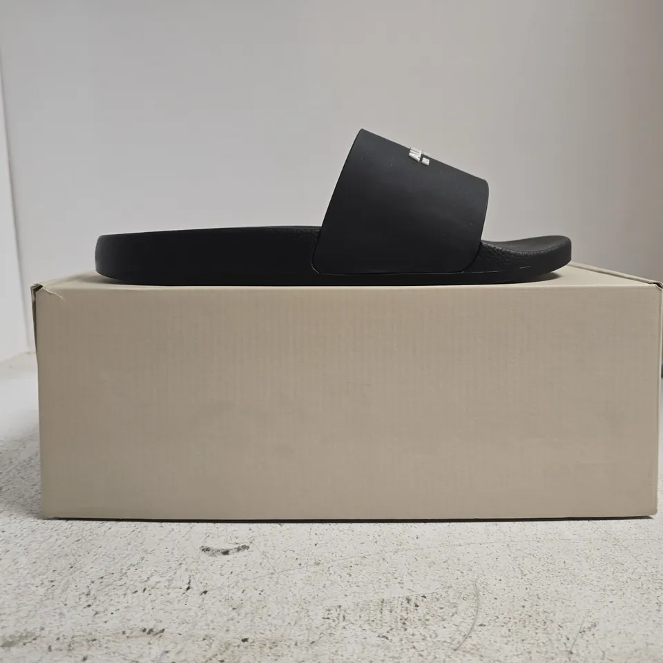 BOXED PAIR OF ALL SAINTS DATE SLIDERS IN BLACK SIZE UK 11