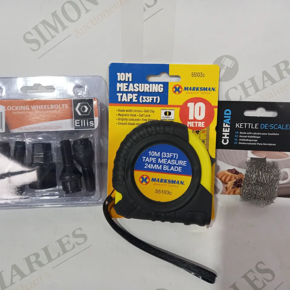LOT OF APPROXIMATELY 10 ASSORTED HOUSEHOLD ITEMS TO INCLUDE KETTLE DESCALER, TAPE MEASURE, LOCKING WHEEL BOLTS, ETC
