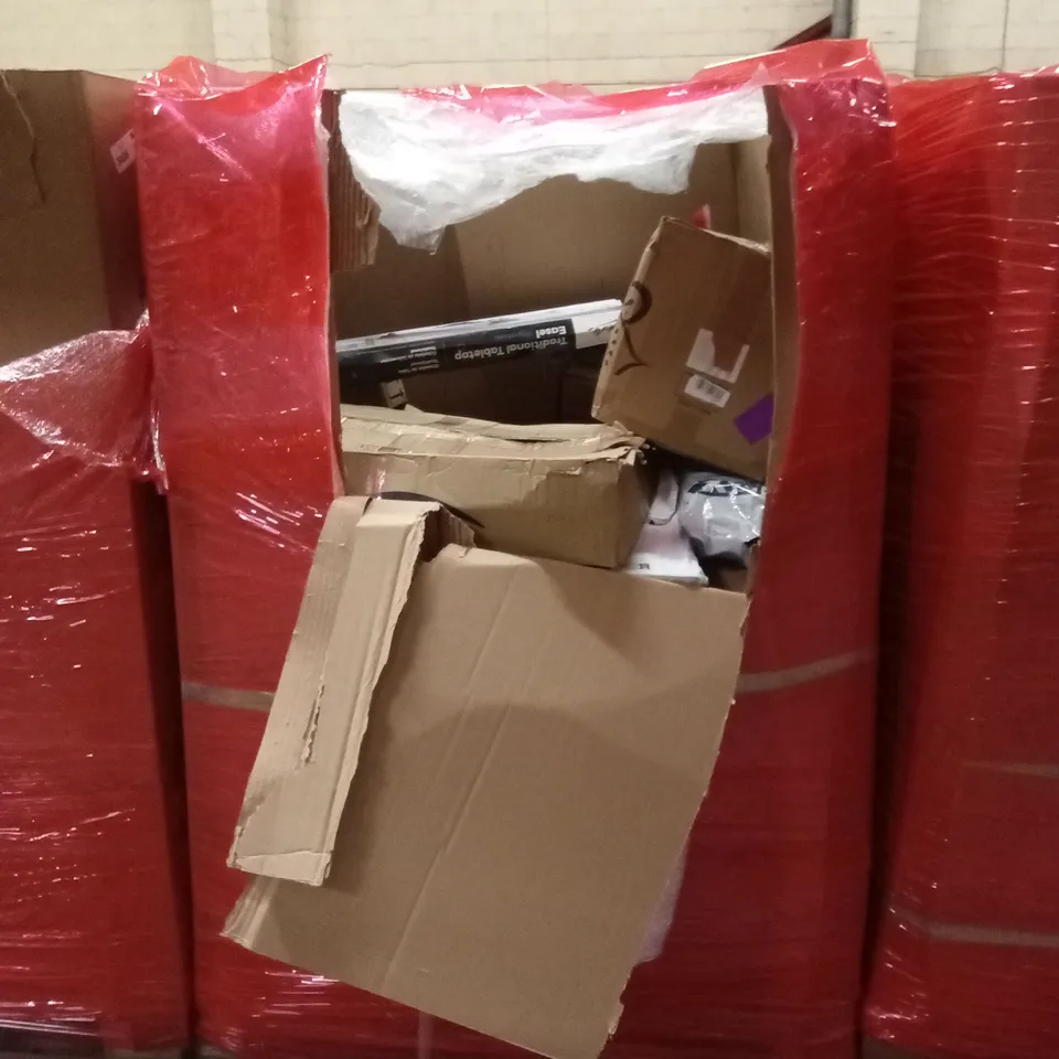 PALLET OF ASSORTED HOUSEHOLD GOODS AND PRODUCTS TO INCLUDE; SLOW JUICER, CEILING FAN LIGHT, VIBRATION PLATE ETC