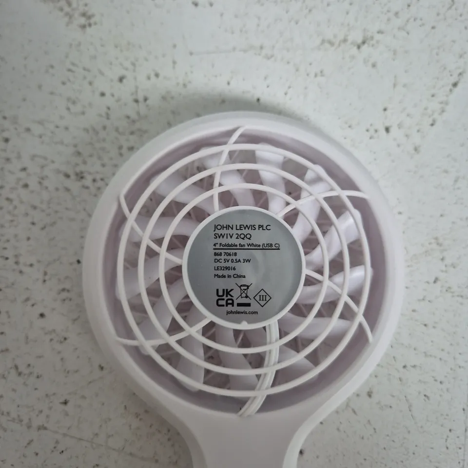 JOHN LEWIS 4IN FOLDABLE USB-C DESK FAN, WHITE