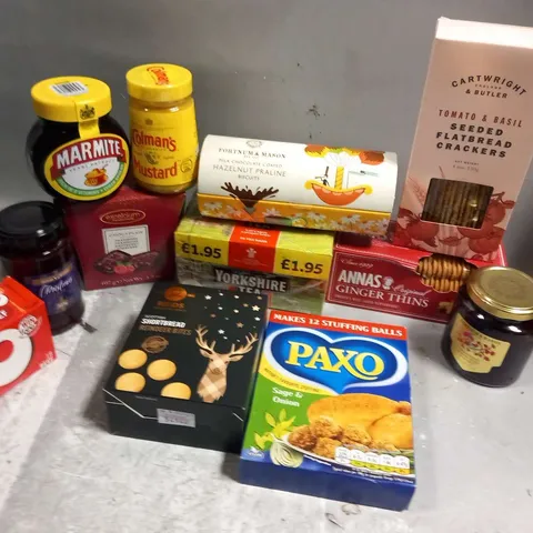 APPROXIMATELY 14 ASSORTED FOOD BASED PRODUCTS TO INCLUDE; PAXO, OXO, COLMAN'S MUSTARD, MARMITE AND YORKSHIRE TEA