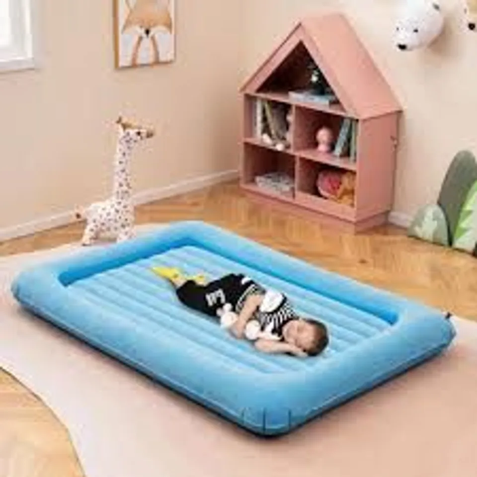 BOXED COSTWAY BLUE INFLATABLE TODDLER TRAVEL BED WITH ELECTRIC PUMP