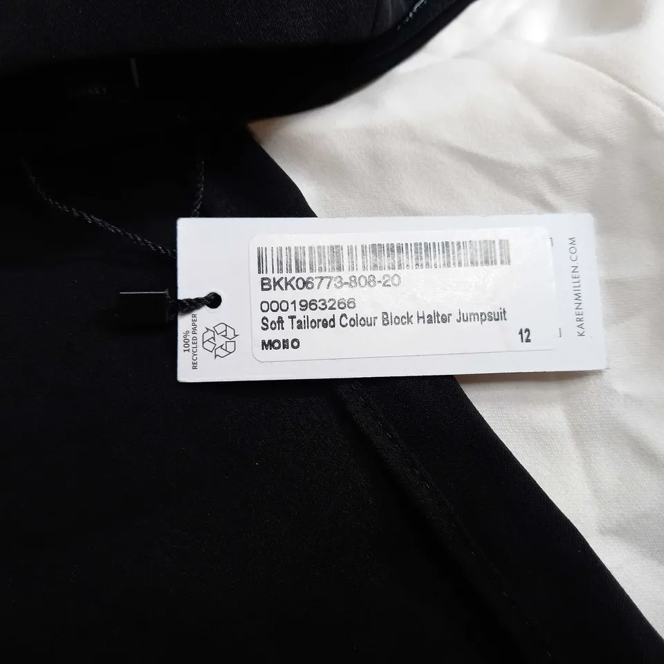 KAREN MILLEN BLACK/WHITE SOFT TAILORED HALTER JUMPSUIT - SIZE 12