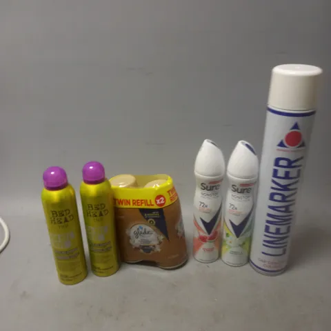 APPROXIMATELY 12 ASSORTED AEROSOLS TO INCLUDE LINEMARKER CAP SURE BODY HEAT ACTIVATED, AND BEDHEAD TIGI ETC. 