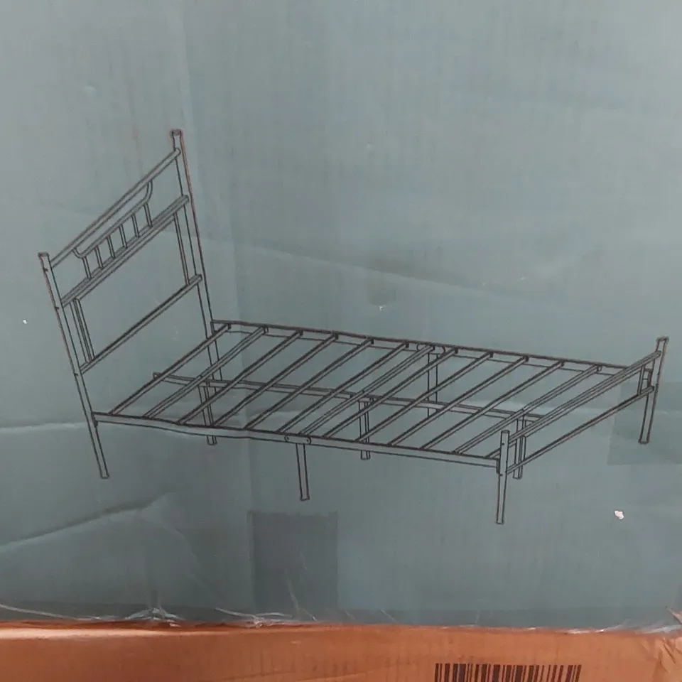 BOXED METAL BED FRAME WITH VINTAGE WOODEN HEAD AND FOOTBOARD - RUSTIC BROWN // SIZE UNSPECIFIED (1 BOX)