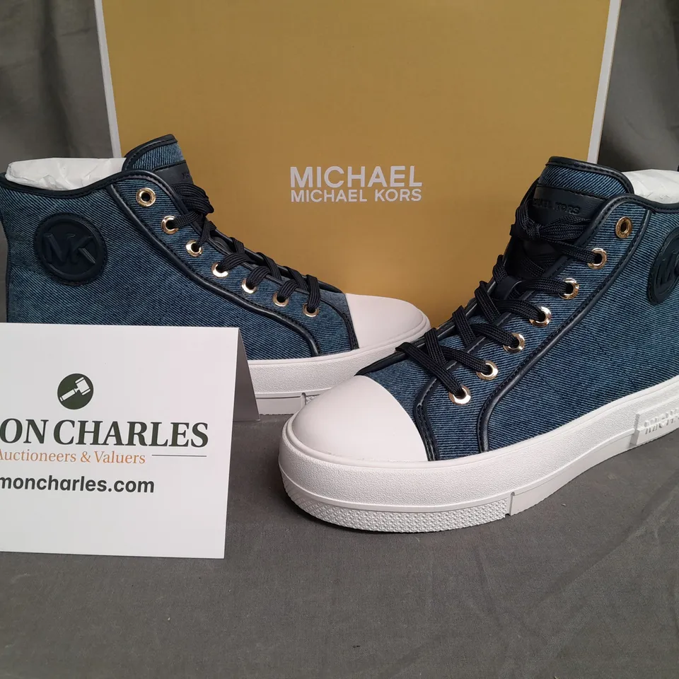 BOXED PAIR OF MICHAEL KORS DENIM HI-TOPS - US 8.5M