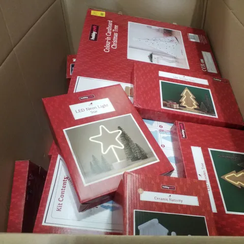 PALLET CONTAINING ASSORTED CHRISTMAS  PRODUCTS & DECORATIONS INCLUDING LED NEON LIGHT, LED WOODEN TREES, COLOUR-IN CARDBOARD CHRISTMAS TREE, WREATHS & CHRISTMAS PUZZLES