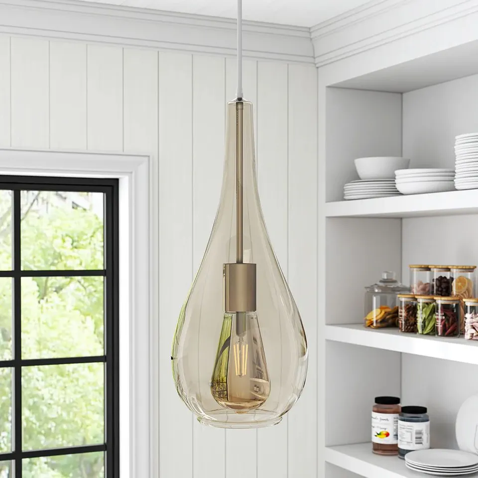 BOXED DROPLET GLASS 1 HEAD PENDANT LIGHT FIXTURE - SATIN NICKEL (1 BOX)