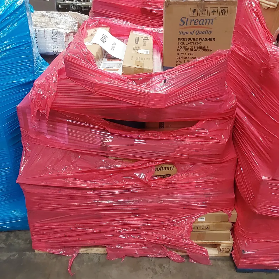 PALLET OF ASSORTED HOUSEHOLD ITEMS AND CONSUMER PRODUCTS TO INCLUDE; PRESSURE WASHER, FISHING AND CAMPING CHAIRS, BLIND, BOXED FURNITURE ETC 