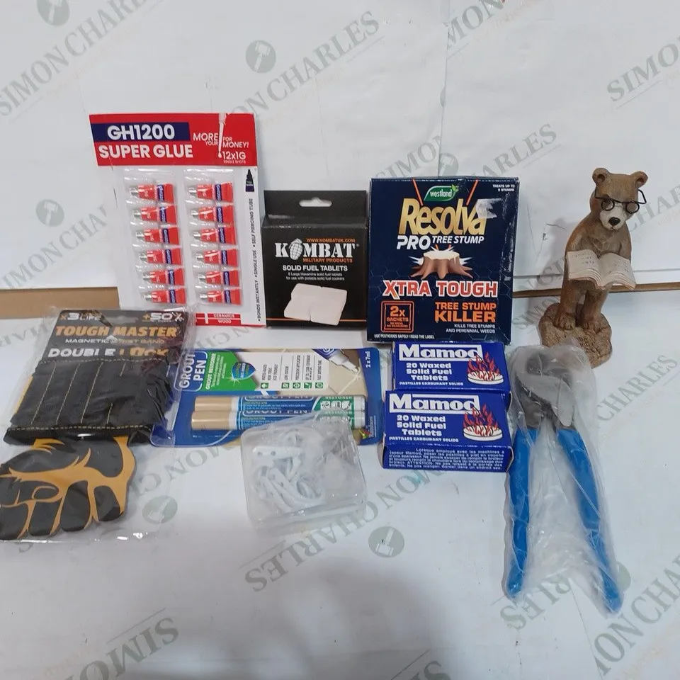 BOX TO CONTAIN APPROXIMATELY 30 ASSORTED HOME IMPROVEMENT AND DIY PRODUCTS. INCLUDES SUPER GLUE, TREE STUMP KILLER, SOLID FUEL TABLETS ETC  
