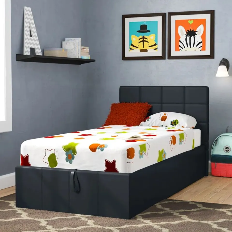 BOXED CORBYN UPHOLSTERED OTTOMAN BED - BLACK PU // SIZE: 3FT SINGLE (3 BOXES)