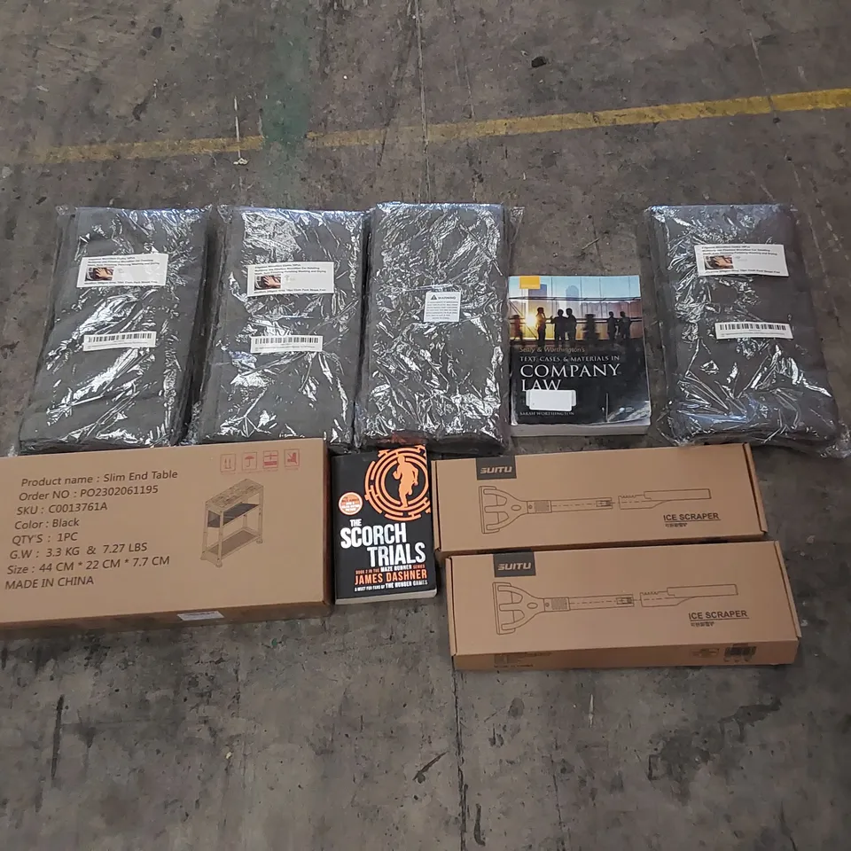 PALLET OF ASSORTED HOUSEHOLD ITEMS AND CONSUMER PRODUCTS. INCLUDES BOOKS, END TABLE, ICE SCRAPERS, PACKS OF MICROFIBRE CLOTHS ETC