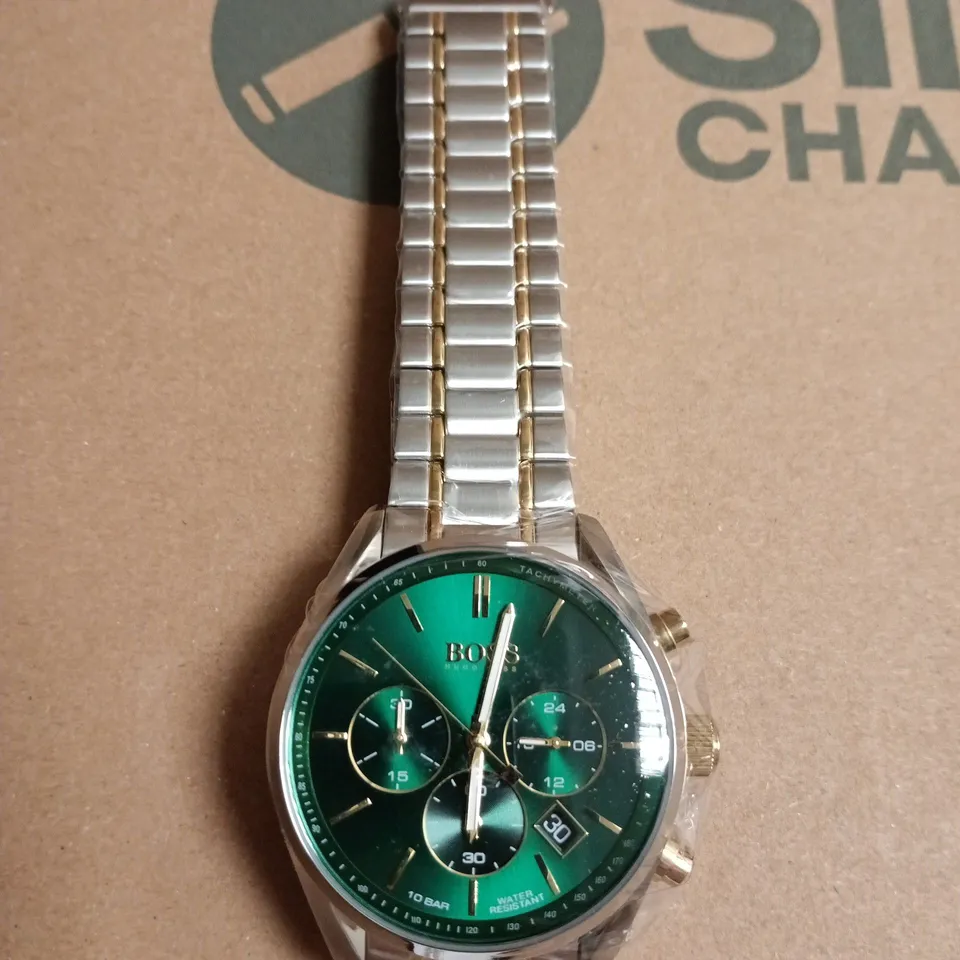 BOXED HUGO BOSS MEN'S CHRONOGRAPH WATCH – GREEN DIAL, TWO-TONE STAINLESS STEEL BRACELET