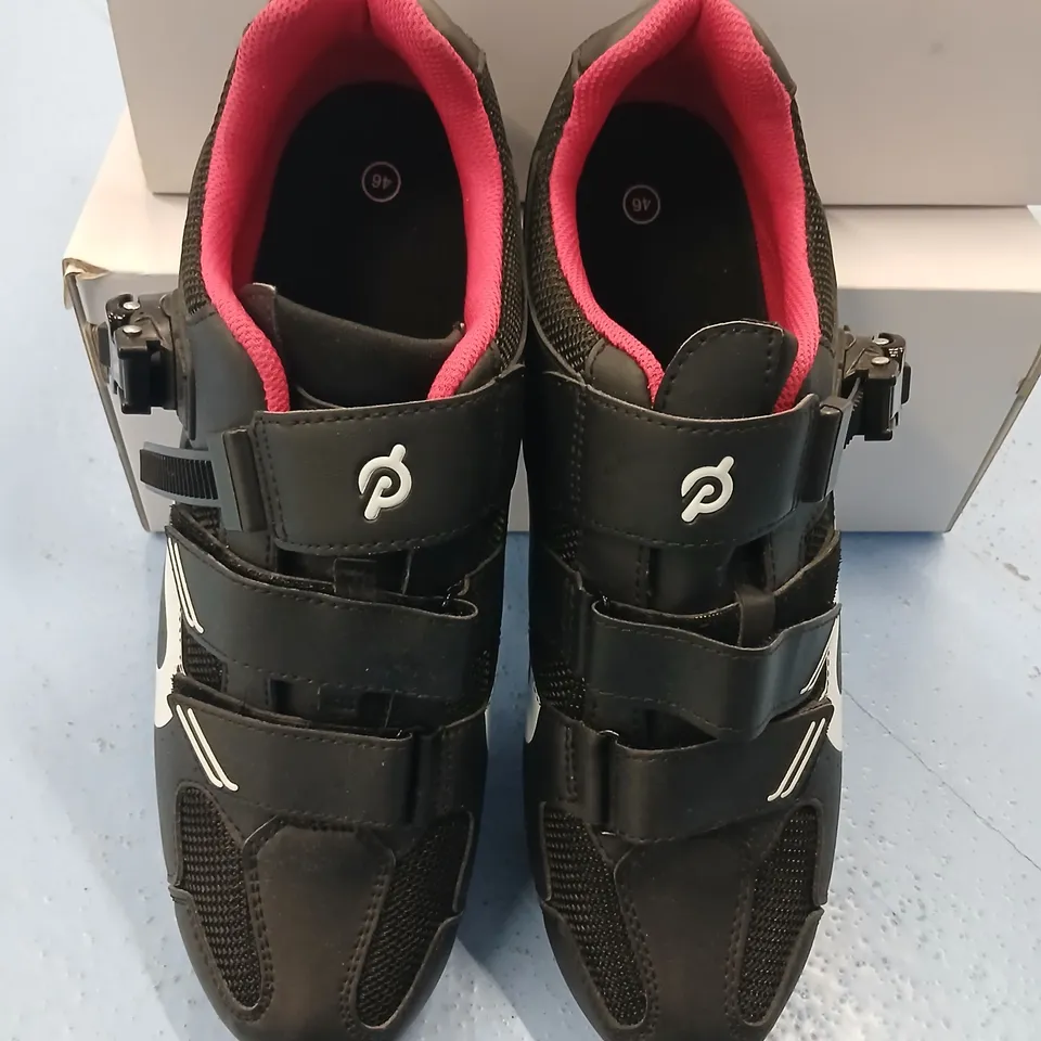 PELOTON CYCLING SHOES – BLACK WITH RED INTERIOR, VELCRO STRAPS USED SIZE 46