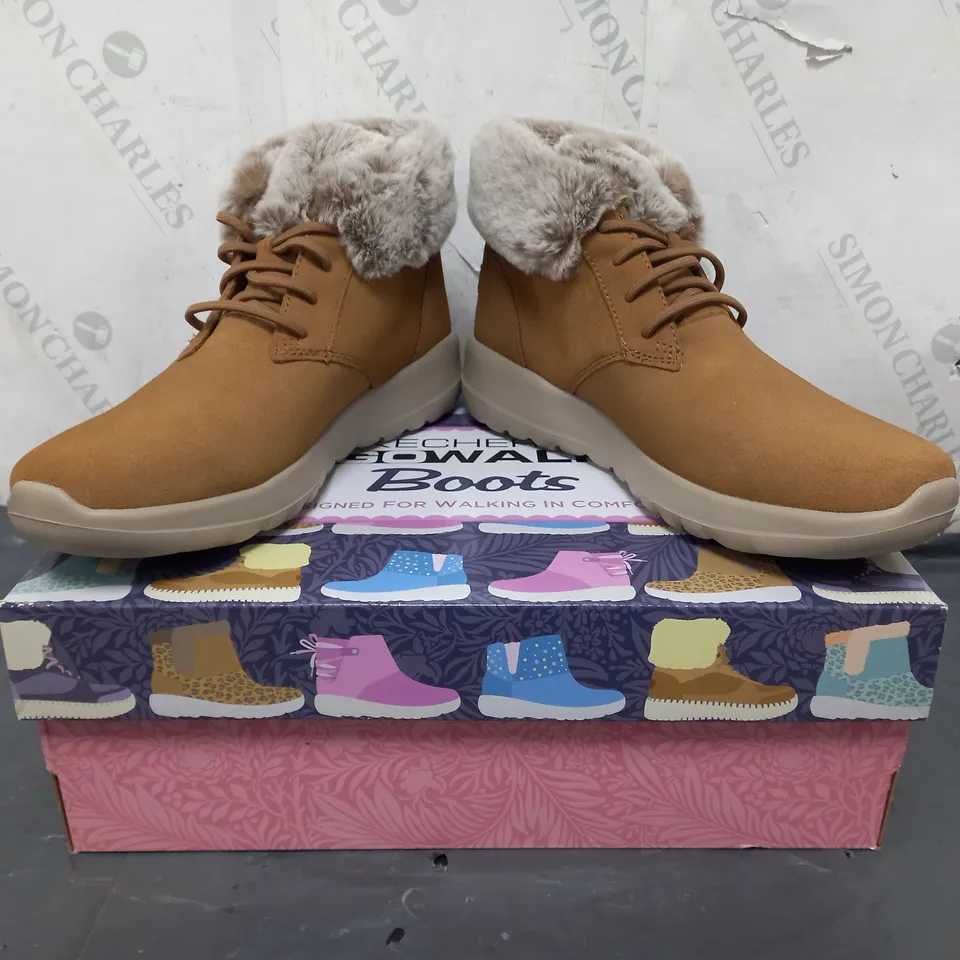 BOXED PAIR OF SKECHERS GO WALK BOOTS IN CAMEL SIZE 7