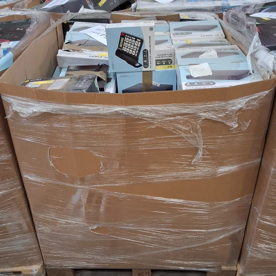 PALLET CONTAINING ASSORTED ELECTRICAL RETURNS INCLUDING BIG BUTTON LANDLINE PHONE, DAB+ / FM RADIO, DVD PLAYERS & BLUETOOTH SPEAKERS