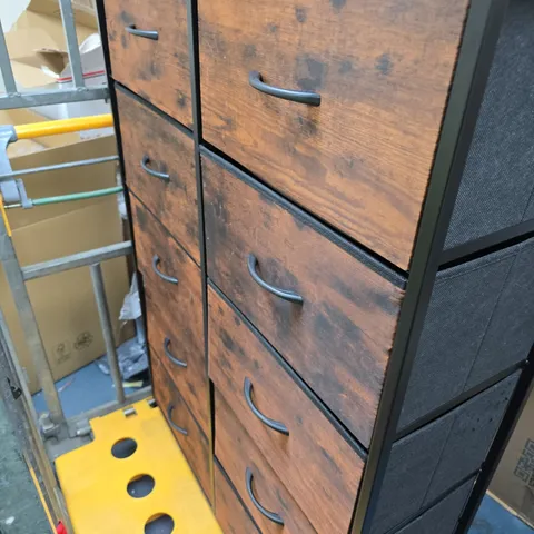 TWO-TONE TALL CHEST OF DRAWERS – WOOD VENEER LEFT / FABRIC RIGHT ON BLACK METAL FRAME (VERIFY)