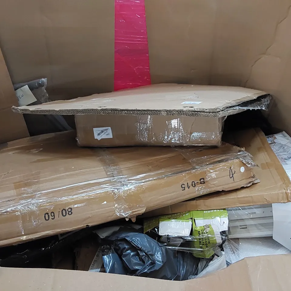 PALLET OF ASSORTED CONSUMER GOODS AND FURNITURE PRODUCTS TO INCLUDE; COOKER HOOD, KID'S PLAYSET, BOOKSHELF, TOOL KIT, BED ASSIST RAIL ECT.