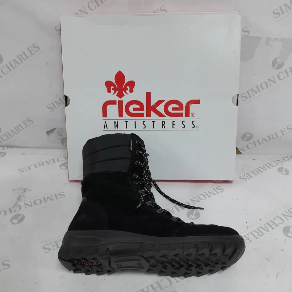BOXED PAIR OF RIEKER SUEDE WATER RESISTANT BOOTS IN BLACK SIZE 6