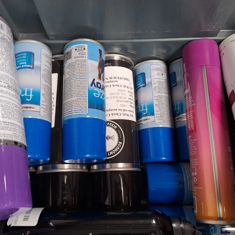 APPROXIMATELY 10 ASSORTED AEROSOL ITEMS IN INCLUDE PURPLE SPRAY PAINT, DEODORANT, DRY SHAMPOO, ETC - COLLECTION ONLY