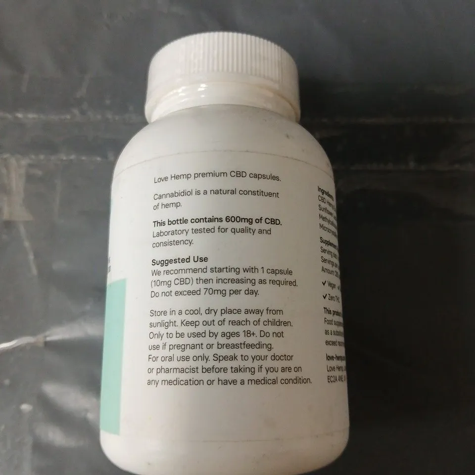 APPROXIMATELY 5 LOVE HEMP PREMIUM CBD CAPSULES – 60 CAPSULES, 10 MG CBD EACH (600 MG TOTAL)
