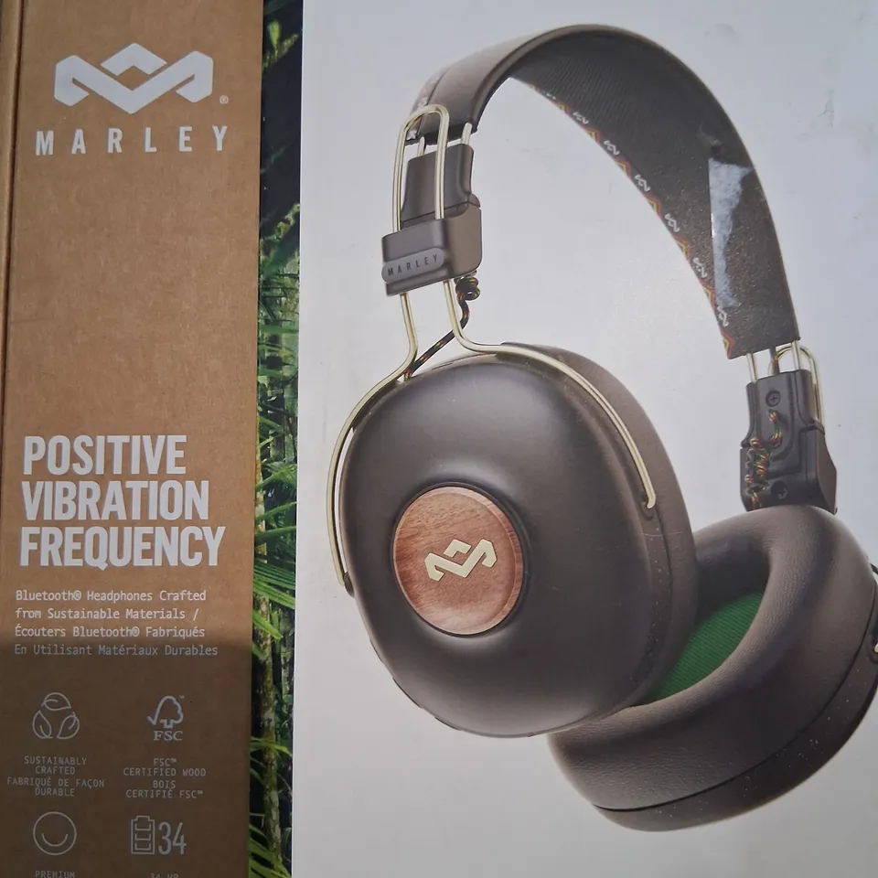 BOXED HOUSE OF MARLEY POSITIVE VIBRATION FREQUENCY BLUETOOTH HEADPHONES
