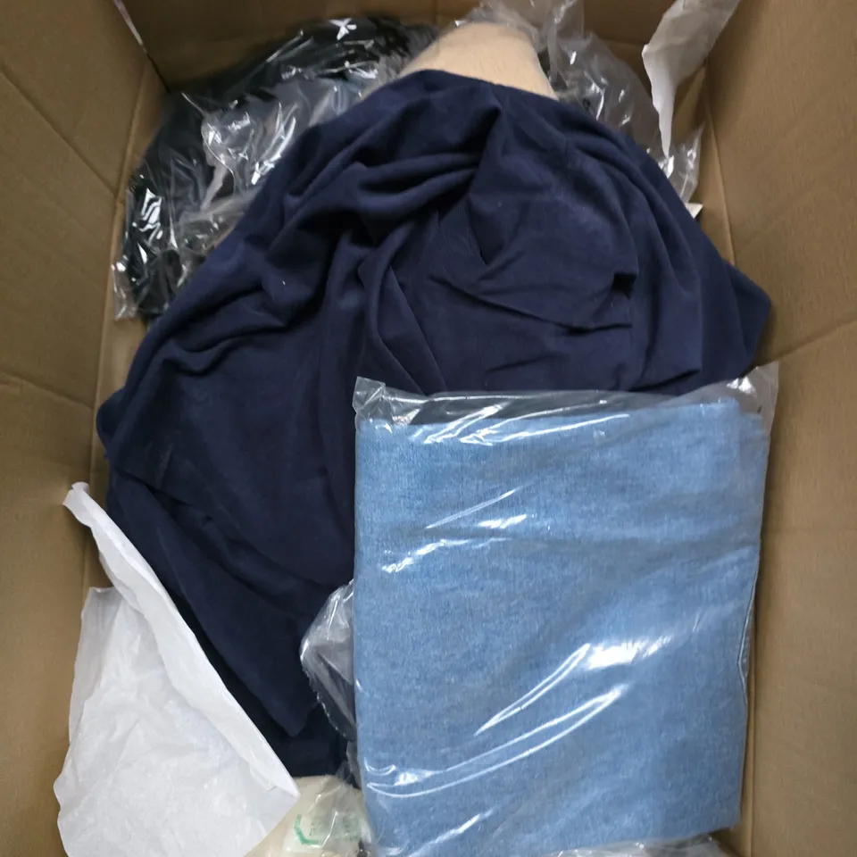 LARGE BOX OF APPROXIMATELY 25 ASSORTED CLOTHING ITEMS IN VARIOUS COLOURS, STYLES AND SIZES - COLLECTION ONLY